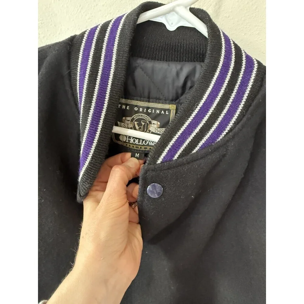 Vintage Leather Varsity Jacket Men Medium Black Wool Holloway Letterman Made USA